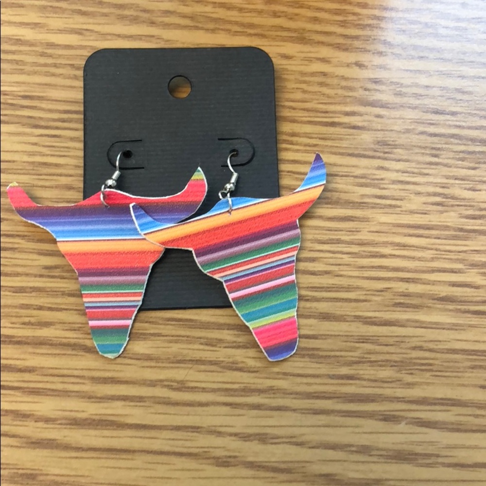 Serape faux leather cow skull earrings!